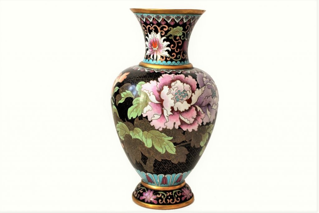 Vaza cloisonne veche de peste 50 ani, decorata cu bujori. - imagine 1