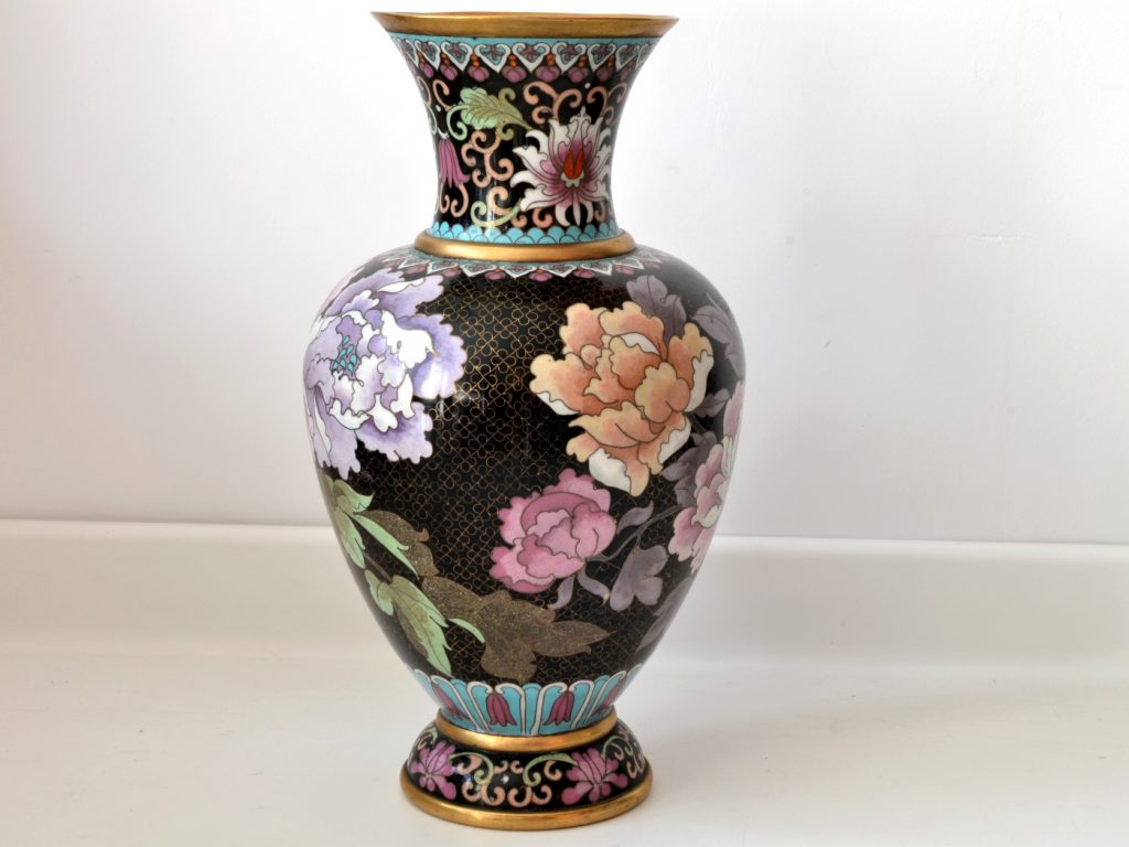 Vaza cloisonne veche de peste 50 ani, decorata cu bujori. - imagine 6