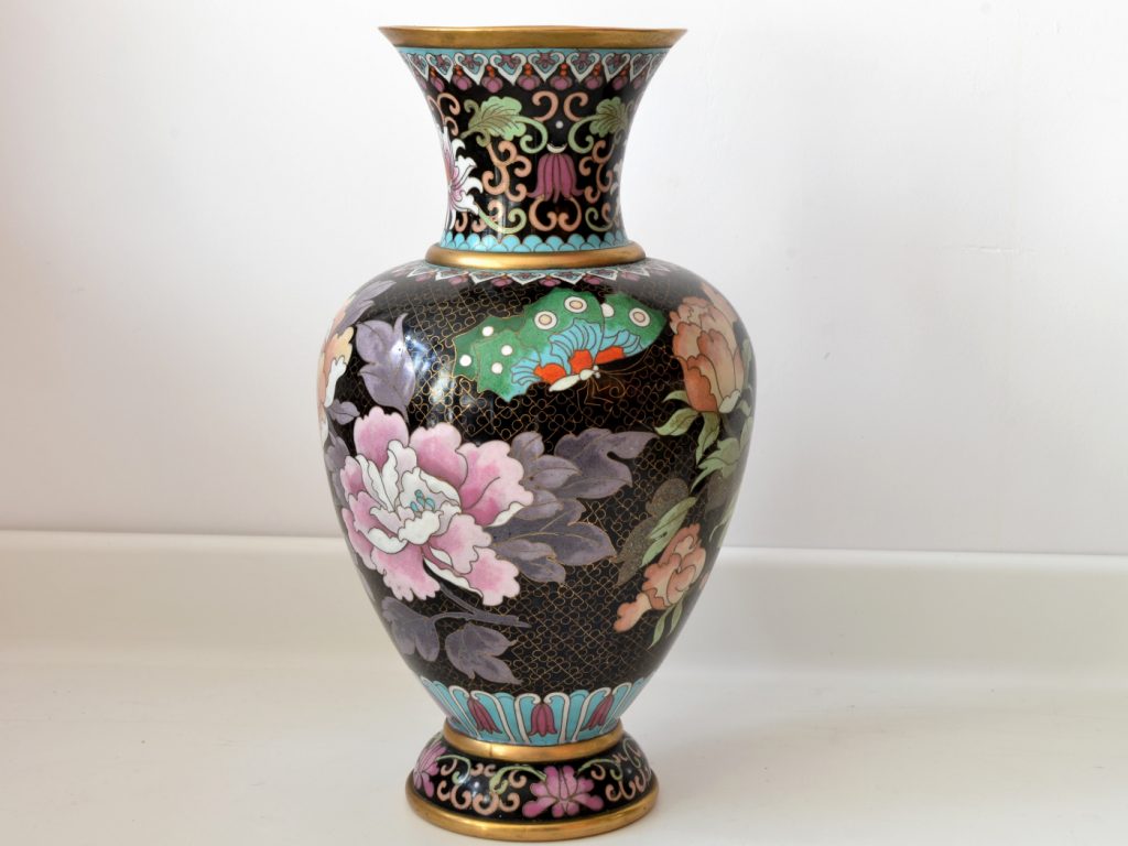 Vaza cloisonne veche de peste 50 ani, decorata cu bujori. - imagine 5