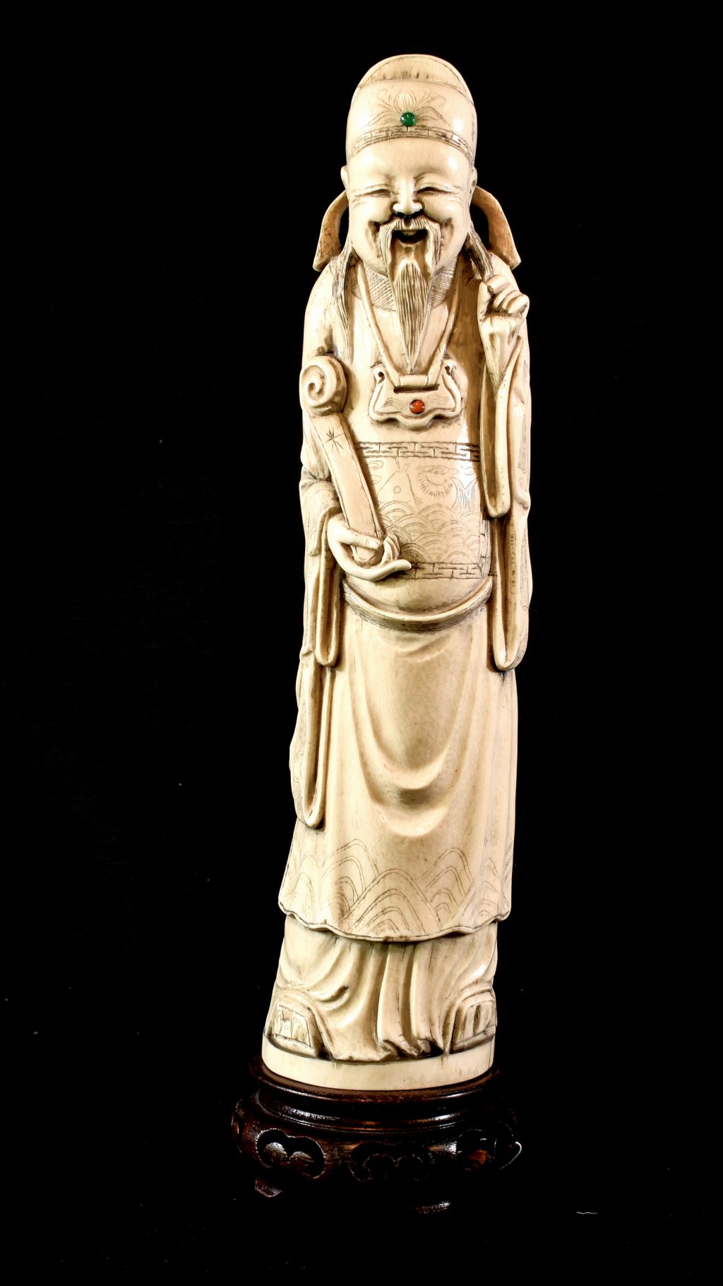 Statueta chinezeasca din fildes cu 2 pietre semipretioase